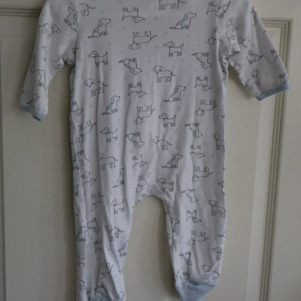 Puppy themed Footed Sleeper White with blue accents and dog pattern Little Me 6m